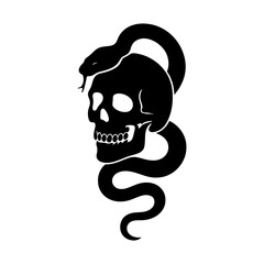 Skull and Snake Silhouette. vector: Ideal for use as a tattoo, icon, web graphic design, and infographic concepts.