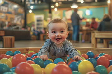Fototapeta premium Happy baby playing in ball pit
