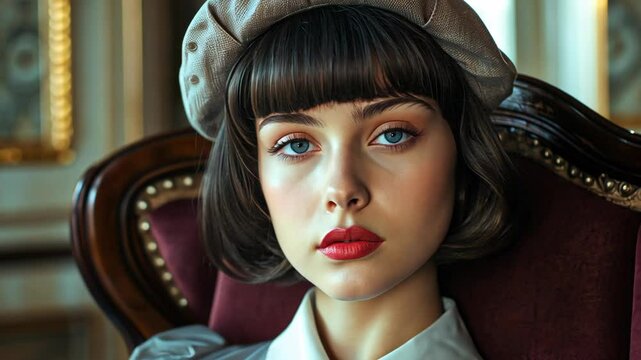 elegance portrait of pretty Caucasian woman sitting on Capitone armchair at luxurious room with elegance retro vintage vibs