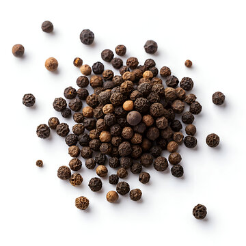 black peppercorns scattered on white background