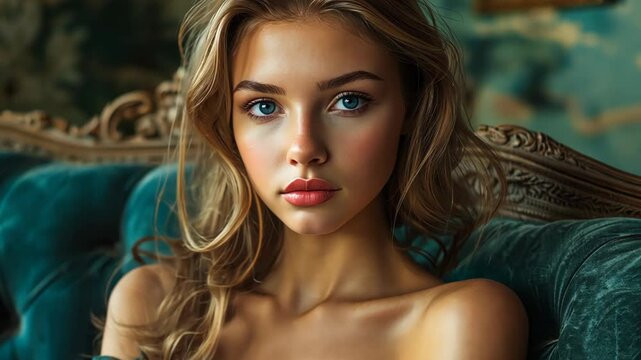 elegance portrait of pretty Caucasian woman sitting on Capitone armchair at luxurious room with elegance retro vintage vibs