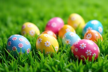 Colorful decorated eggs on a green grass background , vector, spring, celebration