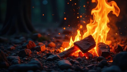 Glowing golden embers, fiery sparks, post-fire scene , glitter, fire pit