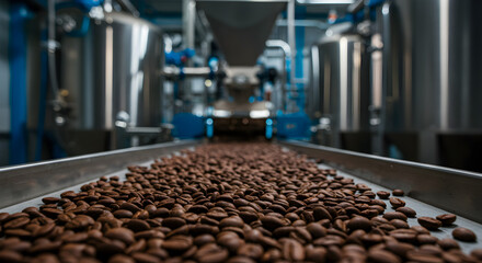 Fototapeta premium Close Up Conveyor Belt with Brown Coffee Beans and Industrial Equipment in Silver and Blue Factory Setting
