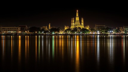 Fototapeta premium Illuminated city skyline reflected on tranquil river at night creating a breathtaking visual spectacle of urban beauty