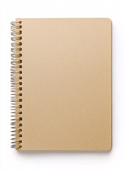 A top view of a closed spiral bound notebook with a plain tan cover 
