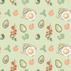 Seamless pattern with egg toast, avocados and tomatoes