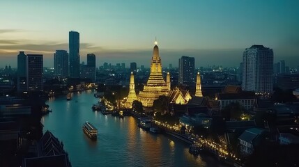 Obraz premium Bangkok at dusk majestic temple view illuminated cityscape river reflecting lights thailand urban skyline serene evening scene