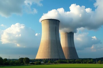 Fototapeta premium Massive coal-fired power plant cooling tower emitting steam against a cloudy sky , environment, environmental impact