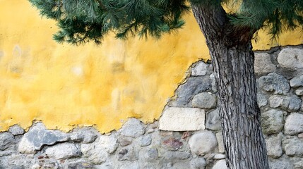 closeup showing the rough bark of tree overlapping weathered house wall, captured in soft natural light to highlight texture, depth and visual harmony between organic and built elements