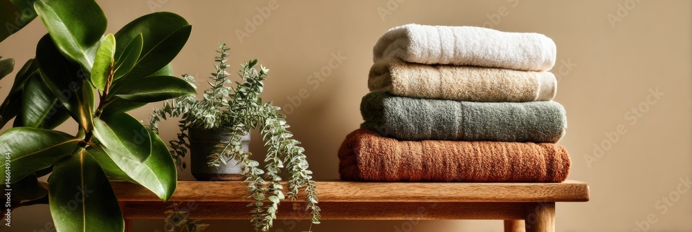 Aufkleber Stacked Towels on a Rustic Bench Adorned With Lush Greenery in a Serene Indoor Environment Generative AI