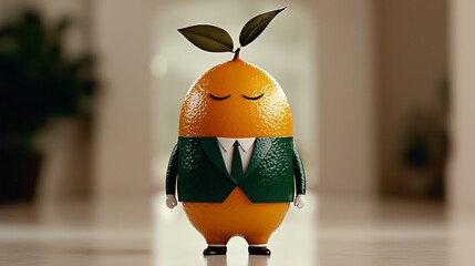 A stylized orange wearing a suit, peaceful expression, with leaves
