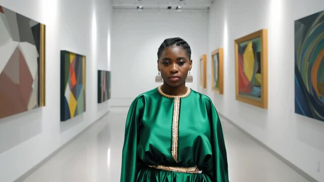 Nigerian woman in iro and buba walks confidently, facing the camera, key light, in a modern art gallery, dolly zoom out video
