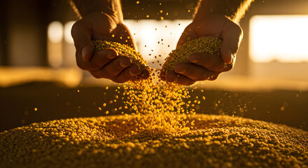 Farmer Holding and Pouring Golden Soybeans Showcasing Rich Texture and Abundant Harvest in Sunlight