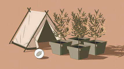 Illustration of a Small Tent with Foldable Planters Containing Olive Trees and Cream Flowers in a Barren Landscape with a Seed Icon