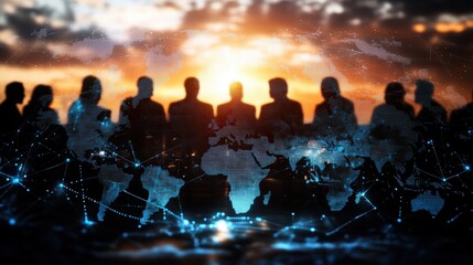 Diverse group of people silhouettes sitting outdoors at sunset overlooking a city skyline with interconnected digital network lines and map overlays symbolizing global communication
