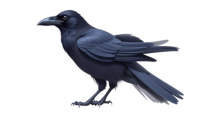 Obraz premium Black raven illustration with dark blue feathers on white background for educational poster and nature branding