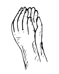 Hand prayer gesture, two hands cupped together, palms facing upwards, vector hand drawn.