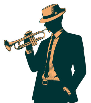 jazz trumpeter silhouette in suit and hat clip art preview