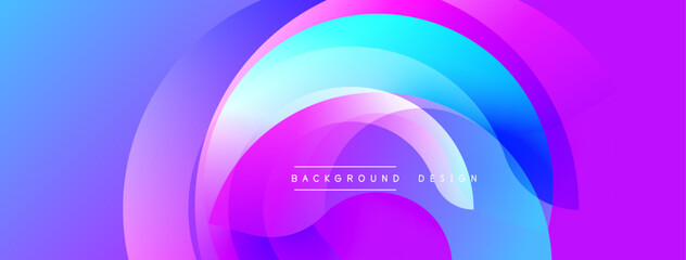 Abstract background features layered translucent arcs. Colors shift from blue, purple, pink, cyan. Text reads background design. Modern, vibrant aesthetic.