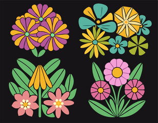 Retro 70s Style Flower Clipart Set:  Floral Designs, Vintage Botany Illustrations