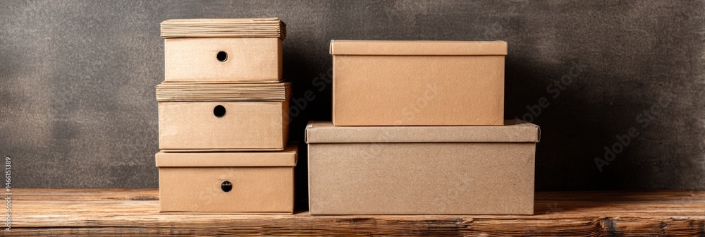 Fototapete stacked storage boxes arranged neatly on a rustic wooden floor creating an organized aesthetic for d