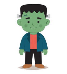 Cute Frankenstein Character Halloween Cartoon Vector Illustration. Smiling Frankenstein Boy in Flat Style Spooky Character Design.  Child-Friendly Frankenstein Art.