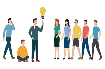 Group of Characters with Leader Showing Lightbulb Innovation and Teamwork Art. Leadership and Creativity Illustration Businessman Holding Lightbulb Idea. 