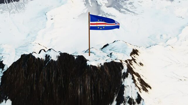 Dynamic 3D animation showcasing the Cabo Verde flag with its blue field, horizontal white and red stripes, and a circle of ten yellow stars, fluttering atop a snowy mountain summit, embodying the nati