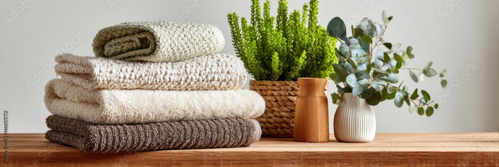 Aufkleber Quality Towels Stacked Neatly on a Wooden Bench Alongside Lush Greenery and Decorative Vases in a Serene Setting Generative AI