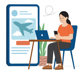 Flight Booking Vector Illustration Girl Using Mobile and Laptop to Plan Travel. Woman Booking Flight Online Travel App Concept with Laptop and Phone.