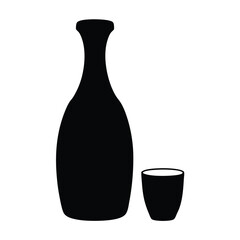 sake bottle and cup vector silhouette icon, black and white illustration of drinks.
