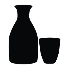 sake bottle and cup vector silhouette icon, black and white illustration of drinks.