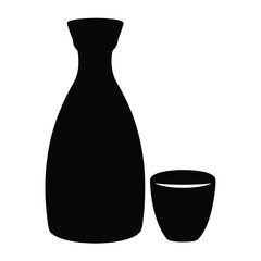sake bottle and cup vector silhouette icon, black and white illustration of drinks.