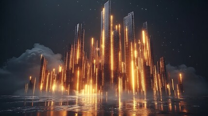 Obraz premium Futuristic city at night, glowing towers