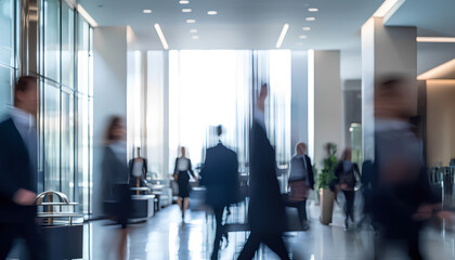 Blurred motion conveys the fast pace of professionals in a modern office environment at daytime