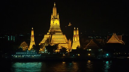 Fototapeta premium Illuminated Wat Arun Temple at Night Chao Phraya River Bangkok Thailand Nightscape showcasing architecture cultural heritage landmarks