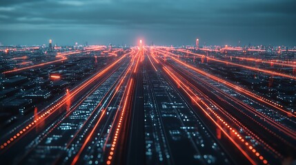 Obraz premium Futuristic city at night with glowing pathways