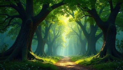 Ancient towering trees, dappled light filtering through canopy, shadow, woodland