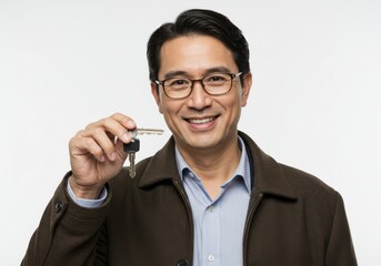 Man with glasses smiles while holding keys in his raised hand isolated on white background