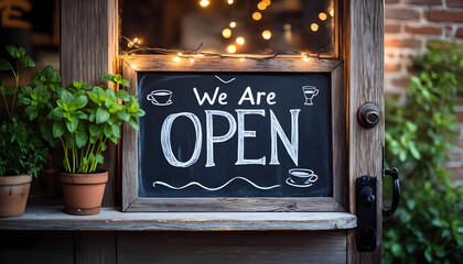 Charming storefront display featuring an 'Open' sign on a chalkboard, adorned with string lights