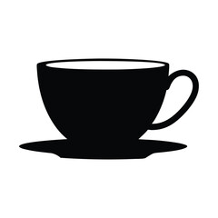 tea cup with saucer vector silhouette icon, black and white illustration of drinks.