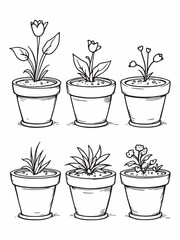 Empty small miniature clay flower pots line art design.eps