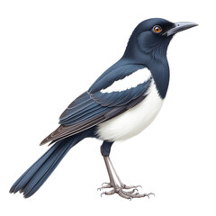 Obraz premium Eurasian magpie bird illustration with black and white plumage on white background for educational posters and nature branding