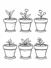 Empty small miniature clay flower pots line art sketch.eps