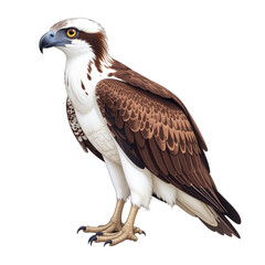 Obraz premium Osprey bird of prey illustration with brown and white feathers isolated on white background for educational posters and nature branding