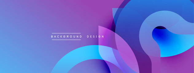 Abstract gradients blend purple, blue hues. Overlapping shapes create dynamic visual effect. Modern design elements present smooth transitions.