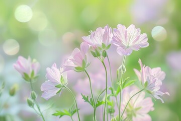 Fototapeta premium Delicate pink flowers bloom against a soft green backdrop bathed in gentle light