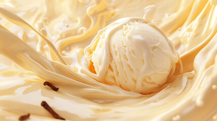 Milk cream splash with Delicious Sweet ice cream scoops, Close-up of creamy vanilla ice cream scoop and adorned with white swirls above, ice cream texture highlighting its creamy quality.