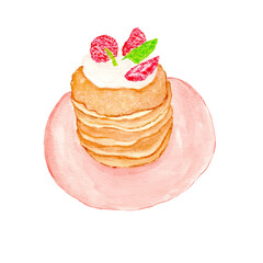 vector watercolor pancakes with strawberry. It can be used for card, postcard, cover, invitation. hand drawn food illustration isolated on white background.